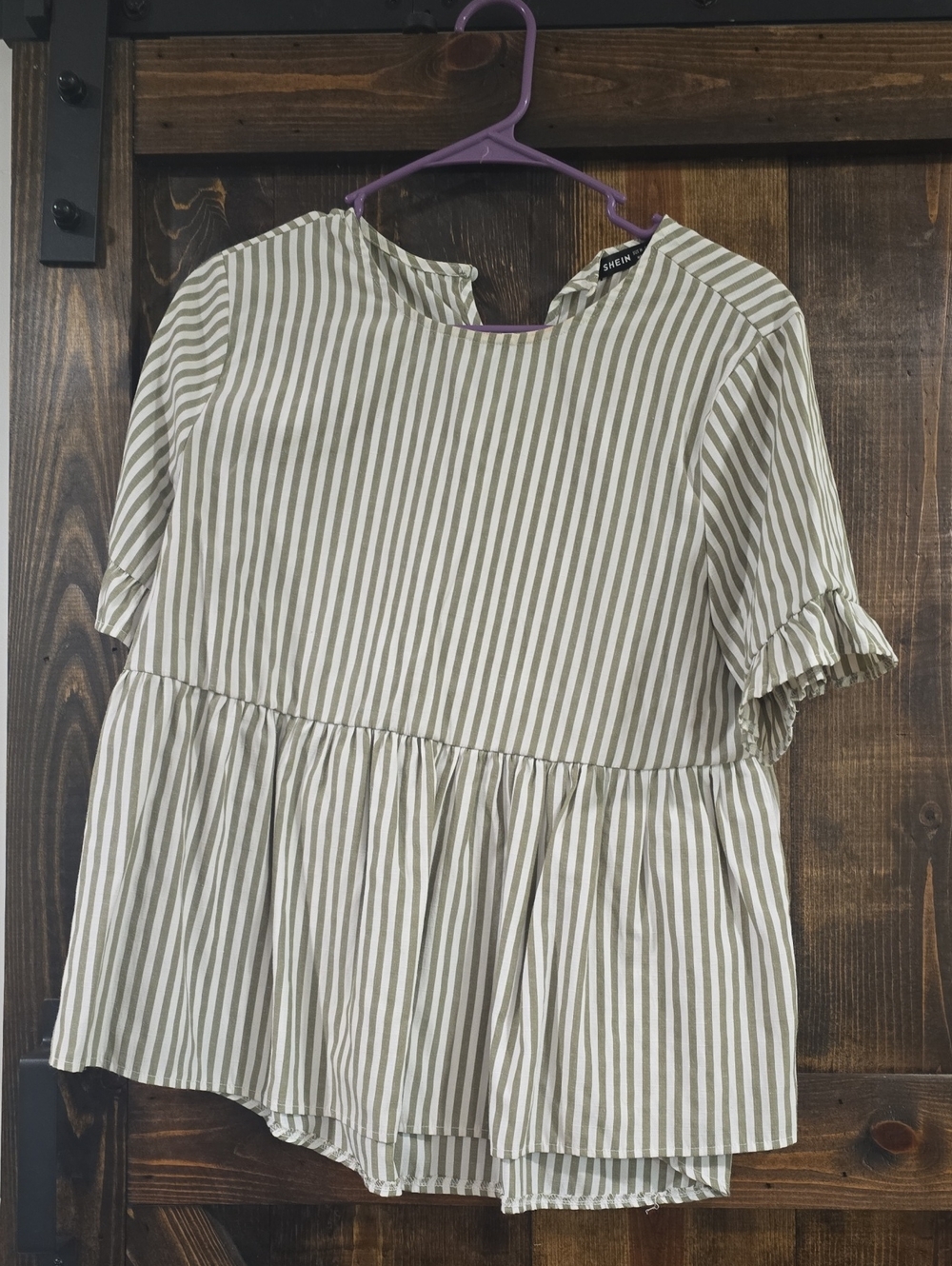 SHEIN Olive and White Striped Peplum Blouse